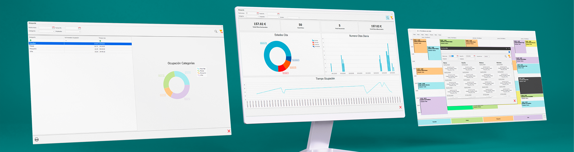 Vista multidispositivo y funcionalidades principales de la agenda de citas integrada en Perseo ERP para la gestión de negocios.