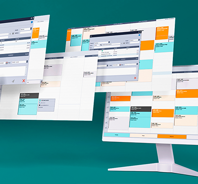 Vista general de la agenda de citas de Perseo ERP: buscador de huecos libres, asignación de trabajadores y gestión de servicios y productos.