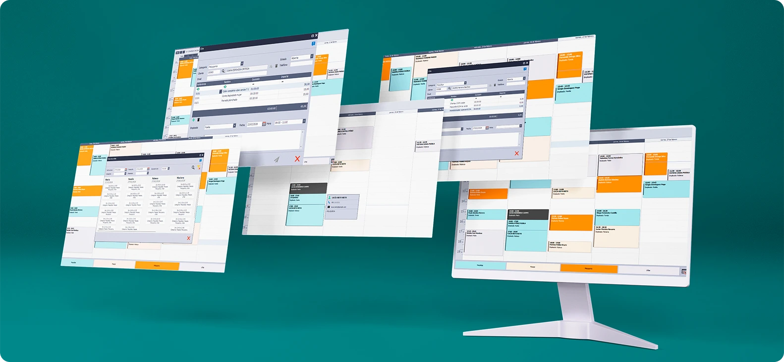 Vista general de la agenda de citas de Perseo ERP: buscador de huecos libres, asignación de trabajadores y gestión de servicios y productos.