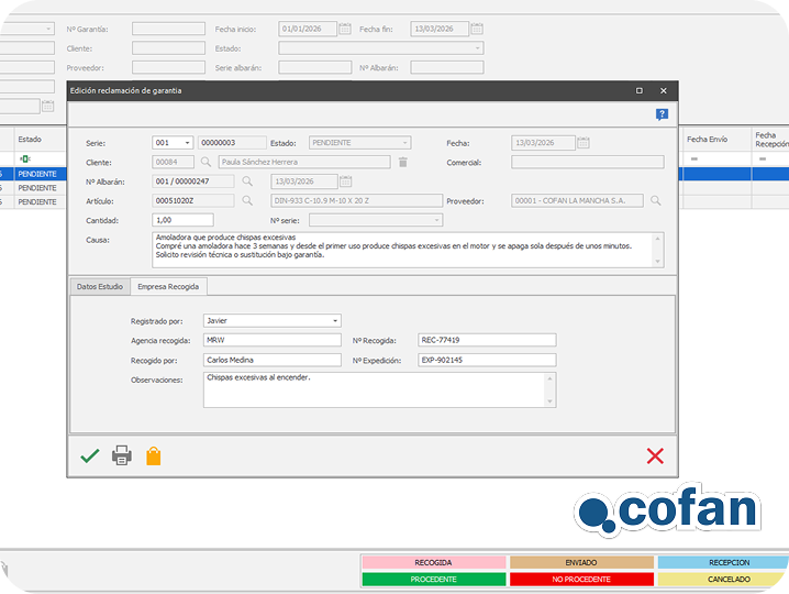 Pantalla de edición de reclamación en el sistema de RMA de Perseo ERP para el control de garantías de productos y gestión de postventa profesional.