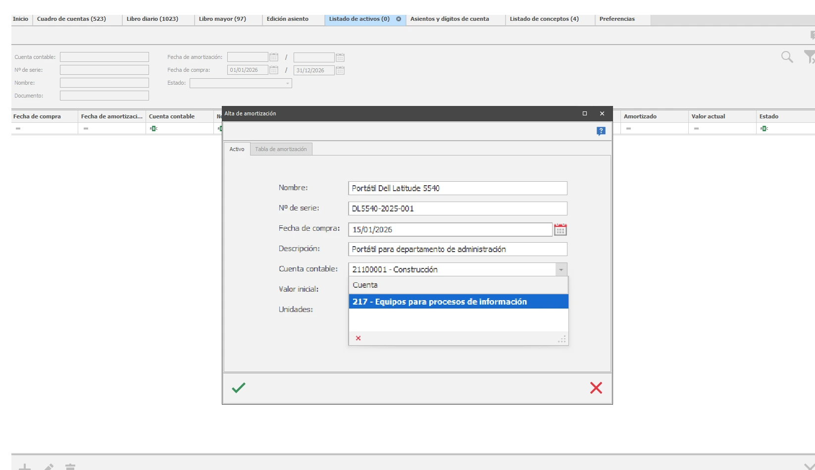 Interfaz de la aplicación de contabilidad Defisoft para el alta de activos fijos y configuración automática de amortizaciones para pymes.