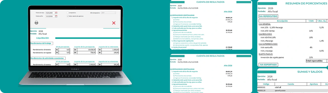 Plantillas de contabilidad analítica generadas por Defisoft: Cuentas de resultados, Balance de situación y Sumas y Saldos automáticos.