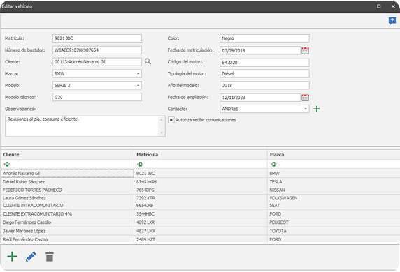 Vista del software para taller mecánico con el historial técnico y trazabilidad total de un vehículo, incluyendo datos técnicos y ficha del propietario.