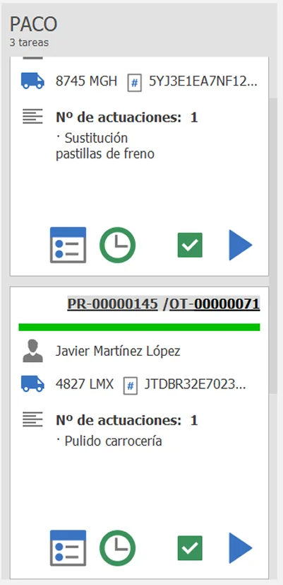 Panel visual estilo Kanban del software de taller mecánico para la gestión de órdenes de trabajo y control de tareas de los mecánicos en tiempo real.