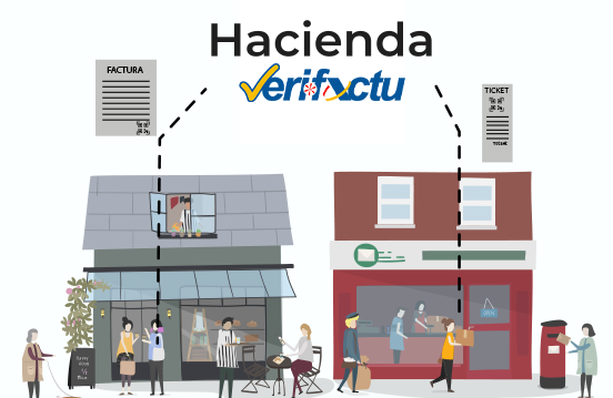 Ilustración del funcionamiento de VeriFactu mostrando dos negocios (una tienda y un comercio minorista) enviando sus facturas y tickets electrónicos de manera segura al sistema de la Agencia Tributaria.