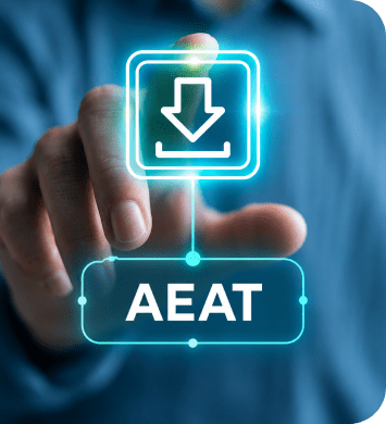 Mano pulsando un icono digital de descarga sobre la etiqueta de la AEAT para consultar Verifactu