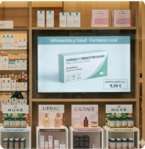 Pantalla para publicidad en escaparates de una farmacia mostrando información de producto mediante el software de gestión centralizada.