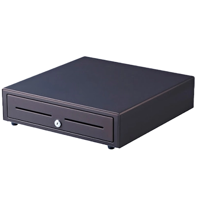 Cajón portamonedas robusto y seguro con componentes hardware duraderos. Cajón portamonedas metálico con compartimentos para billetes y monedas, diseñado con componentes hardware fiables para entornos comerciales.