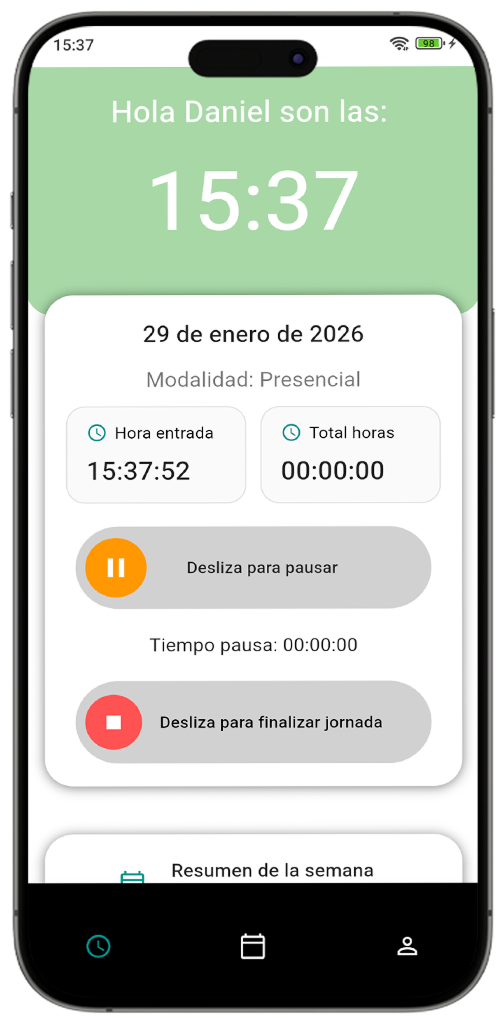 Interfaz principal de la app control horario Tempus Go mostrando el botón deslizante para iniciar sesión, pausar jornada y finalizar el fichaje de forma sencilla.