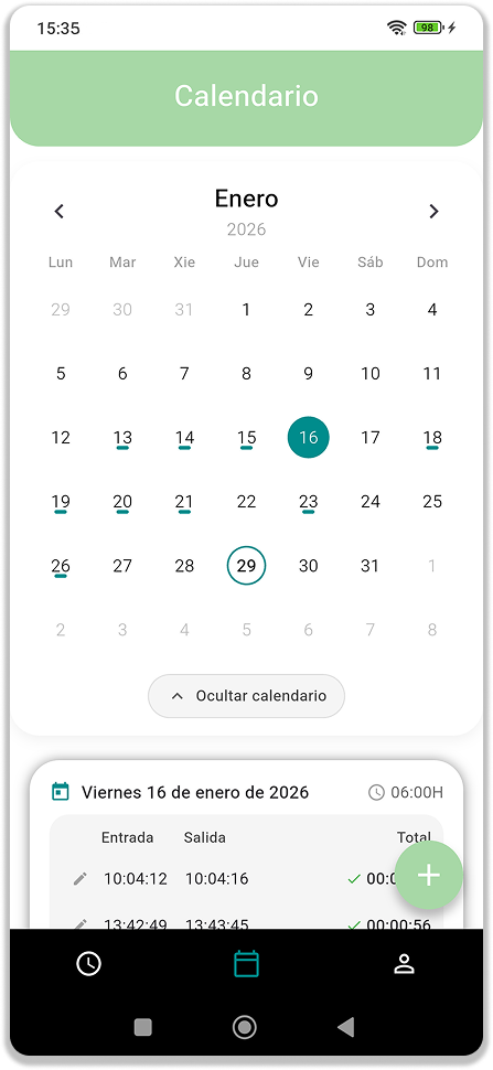 Vista de calendario en la aplicación registro jornada laboral donde se seleccionan días específicos para consultar los fichajes, entradas y salidas detalladas del trabajador.