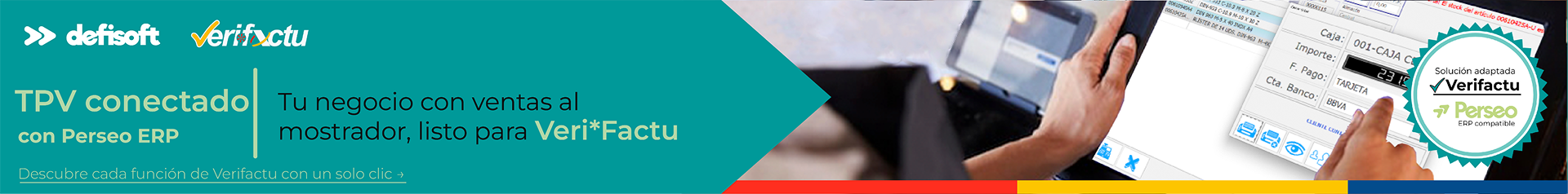 Banner mostrando el TPV de Defisoft conectado con ERP Perseo, preparado para trabajar con Verifactu y la gestión de facturación electrónica.