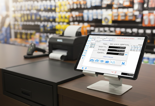 Pantalla de ordenador en mostrador con el software TPV de Defisoft integrado en el ERP Perseo para gestión de ventas y stock en tienda.