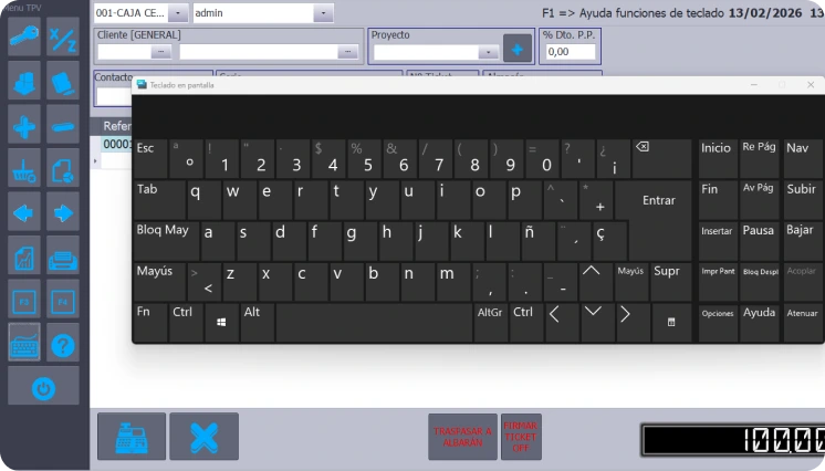 Pantalla de venta del software TPV de Defisoft con teclado en pantalla, mostrando la interfaz personalizable y el modo táctil integrado con ERP Perseo.