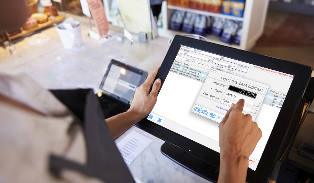Persona utilizando la pantalla táctil del software TPV de Defisoft, manejando el módulo de punto de venta instalado localmente e integrado con ERP Perseo.