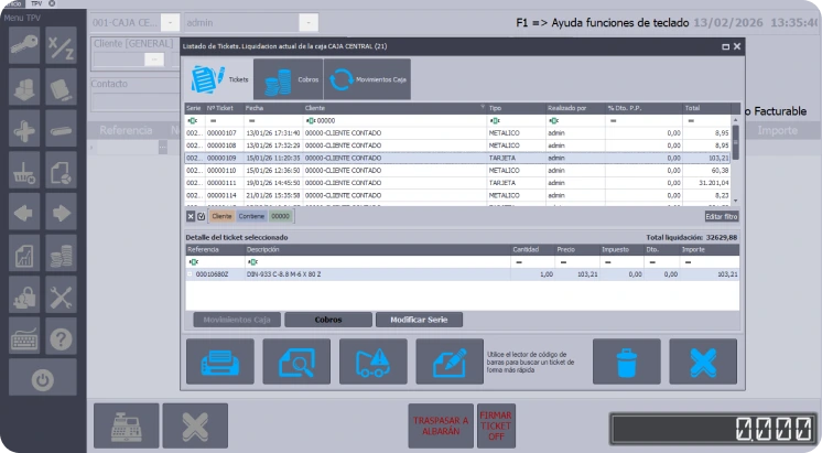Pantalla del software TPV de Defisoft mostrando la liquidación actual de la caja con detalle de ventas y movimientos, integrada con el ERP Perseo para una gestión centralizada.