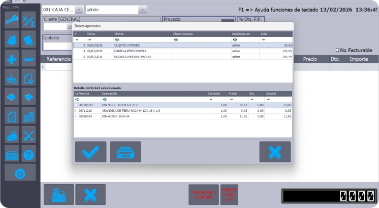 Pantalla del software TPV de Defisoft mostrando la opción de aparcar tickets para guardar ventas incompletas como borradores y recuperarlas más tarde, integrada con ERP Perseo.