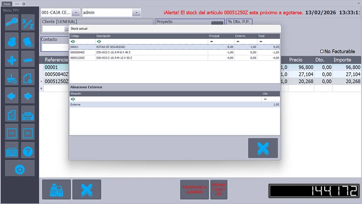Pantalla del software TPV de Defisoft mostrando el control de stock y productos en el módulo de gestión de ventas integrado con ERP Perseo.